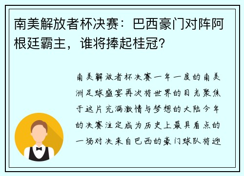 南美解放者杯决赛：巴西豪门对阵阿根廷霸主，谁将捧起桂冠？